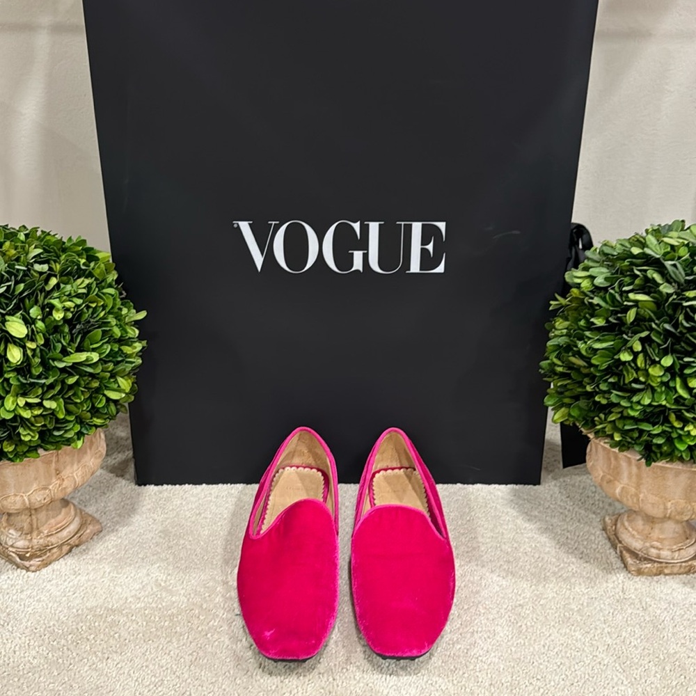 Lands End velvet hot pink loafers with grosgrain trim